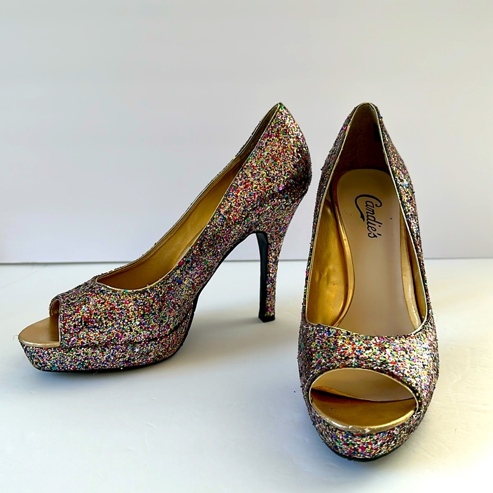 Candie’s Glitter Peep Toe Platform High Heels 8 1/2 Multicolor Sparkly Party